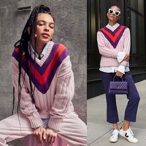KULE Cotton Cashmere Rib Knit Striped V-Neck Pullover Varsity Tennis Sweater XS